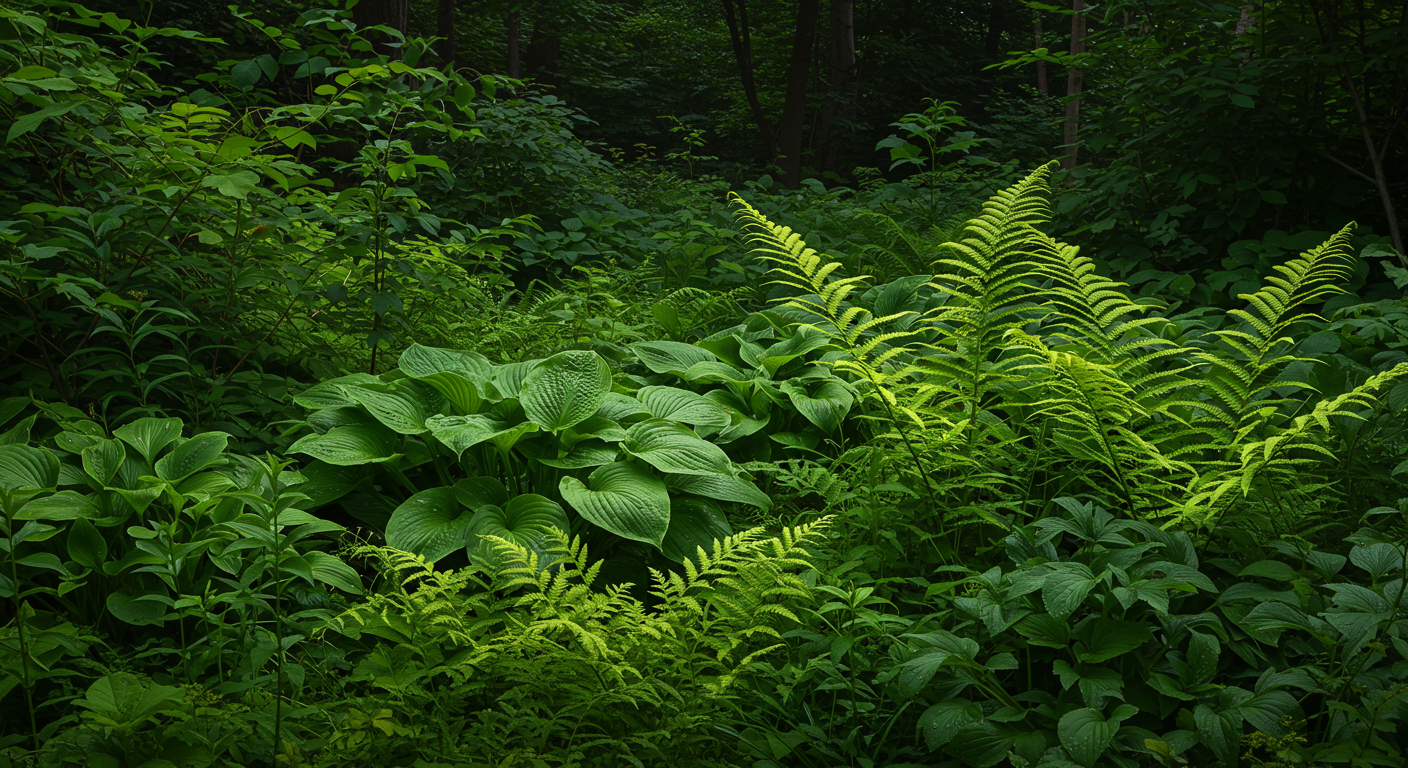 A close-up view of a flourishing shade garden, showcasing a diverse array of green foliage plants. Large, textured hosta leaves provide a strong base, while delicate fern fronds unfurl gracefully, all bathed in soft, diffused light, emphasizing their varied textures and shades of green.