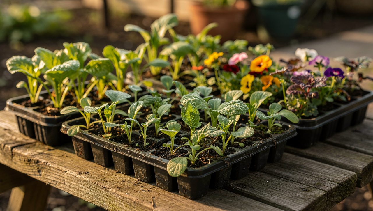 Young vegetable and flower seedlings in trays set outdoors in soft morning light on a wooden bench, beginning to acclimate to sun before transplanting.