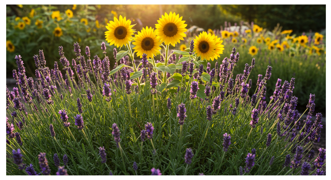 Vibrant purple lavender and bright yellow sunflowers flourishing under intense direct sunlight in a healthy garden bed.