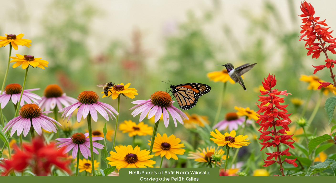 A close-up, sunlit photograph of a thriving pollinator garden in summer, bursting with various native flowers. A monarch butterfly rests on a purple coneflower, while several bees buzz around yellow coreopsis and red salvia. A hummingbird is visible in the upper right, approaching a long, tubular red flower. The background is a soft, creamy green blur, indicating a deep, rich garden space.