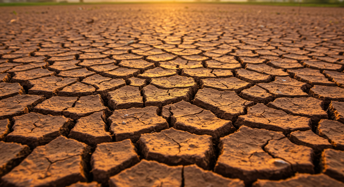 A detailed close-up photograph of dry, reddish-brown Pothohar soil at the end of the monsoon season, exhibiting two distinct types of cracks: numerous fine, vertical hairline cracks indicating swelling clay, and larger, polygonal cracks with wide, deep fissures suggesting structural collapse.