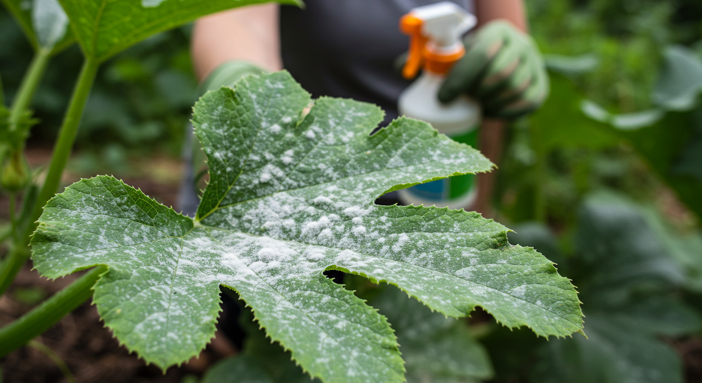 A close-up photograph of a zucchini leaf partially covered in a white powdery mildew, with a gardener's gloved hand holding a spray bottle in the soft-focused background, indicating an attempt to treat the plant.