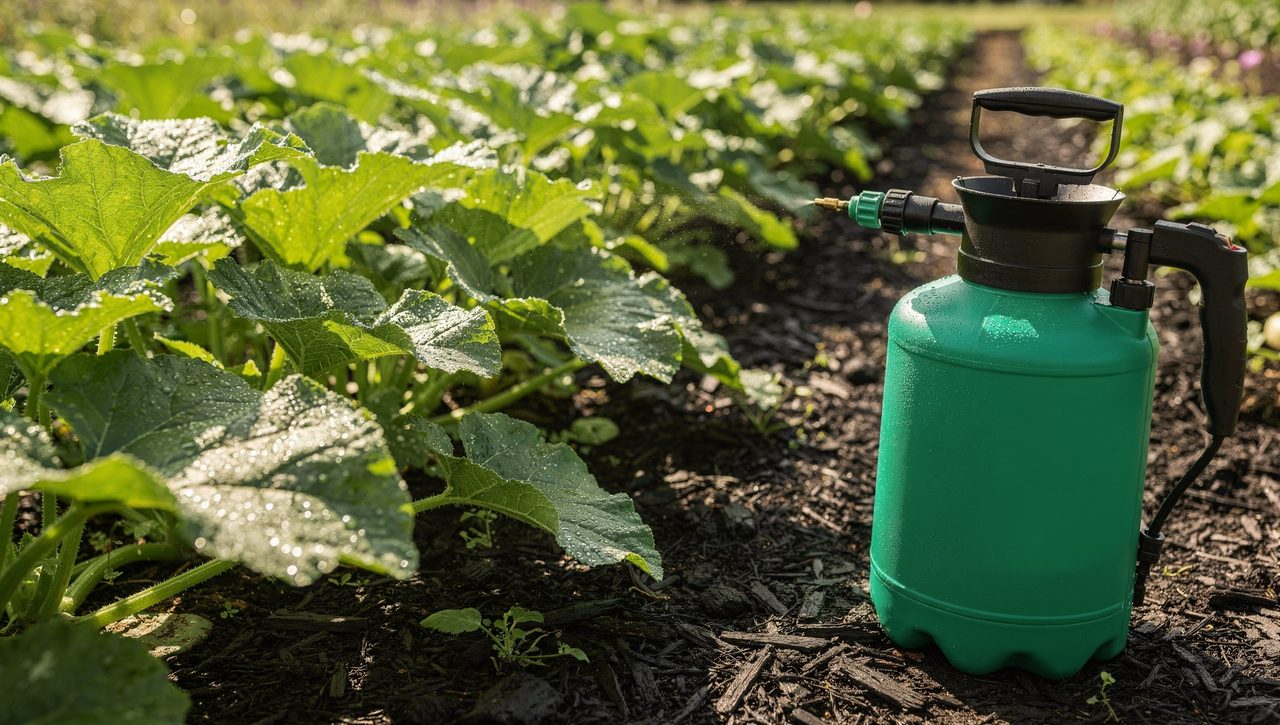 A garden pump sprayer resting beside well-spaced rows of squash plants in full sun with mulched dark soil between the rows on a clear morning.