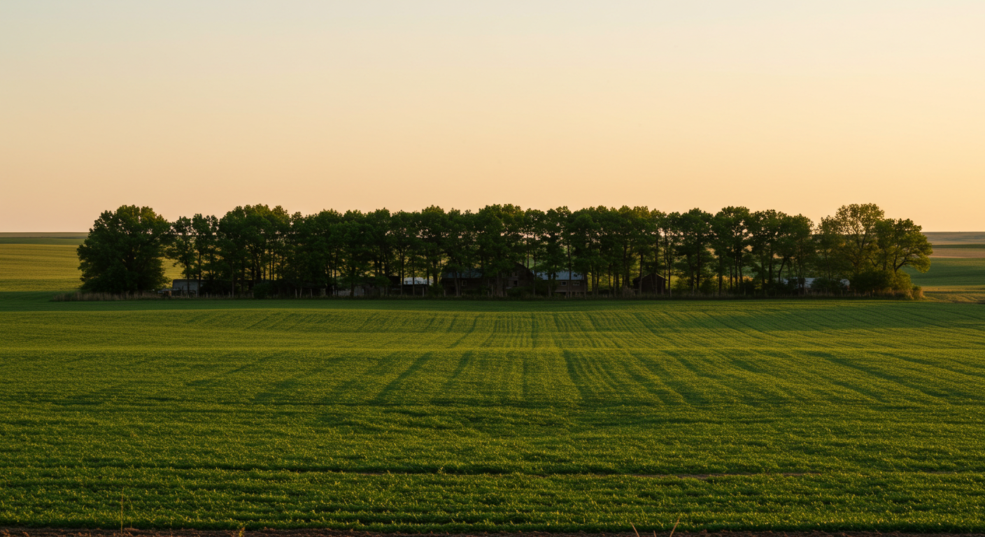 A photorealistic image depicting a thriving agricultural field on the Great Plains, vigorously protected by a mature, multi-row windbreak of tall trees. A traditional, sturdy homestead building is partially visible behind the verdant shelterbelt, under a wide, clear prairie sky bathed in warm sunset light.