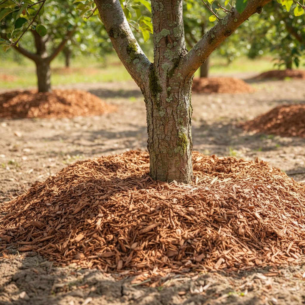 A thick layer of wood chip mulch around the base of a fruit tree with a drip irrigation line visible, demonstrating moisture retention.