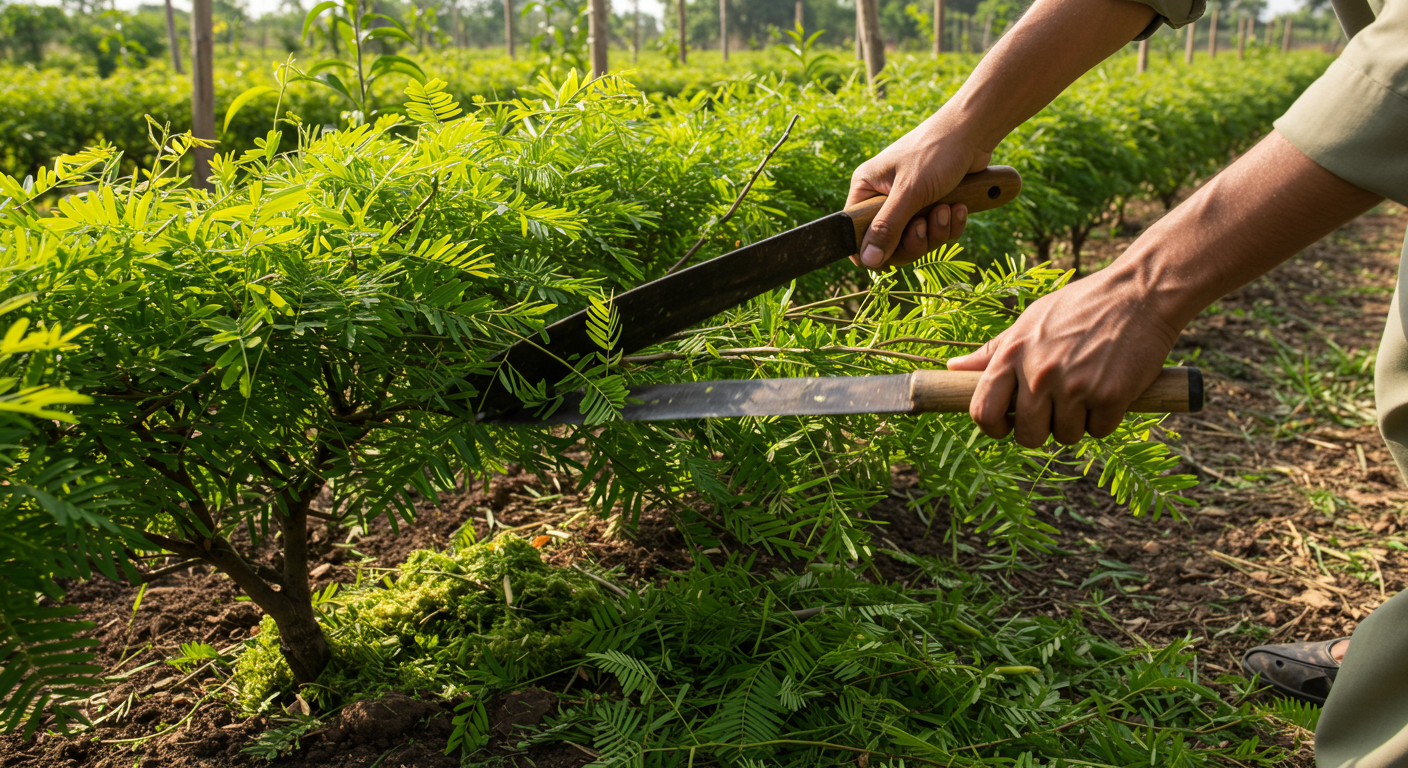 A close-up, ground-level photograph showing a person's hands and arms actively pruning a lush green Leucaena leucocephala hedgerow in a sunlit, rural Pakistani orchard. Freshly cut branches and leaves lie scattered on the dark, fertile soil beneath the plants, illustrating the 'chop-and-drop' method. Young fruit trees are discernible in the soft background, benefiting from the mulching.