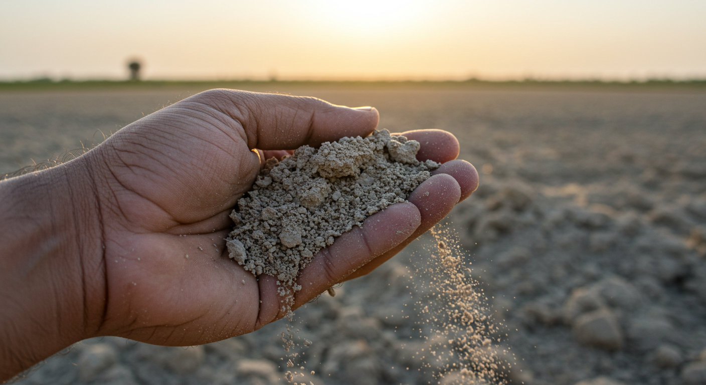 A close-up shot of a hand gently sifting pale grey, crumbly soil in a dry field under warm sunlight, illustrating the poor organic matter content typical of many central Punjab fields.
