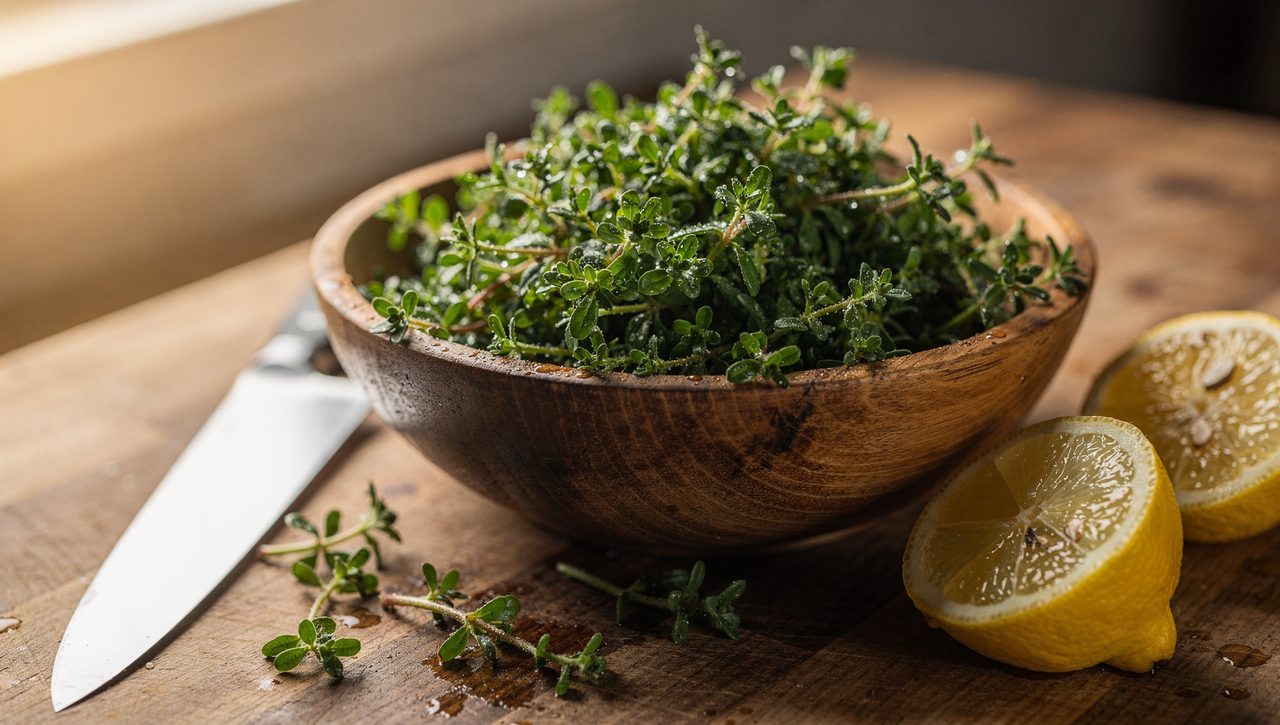 A wooden bowl of fresh rinsed purslane sprigs beside a knife and lemon halves on a kitchen counter ready for a salad.