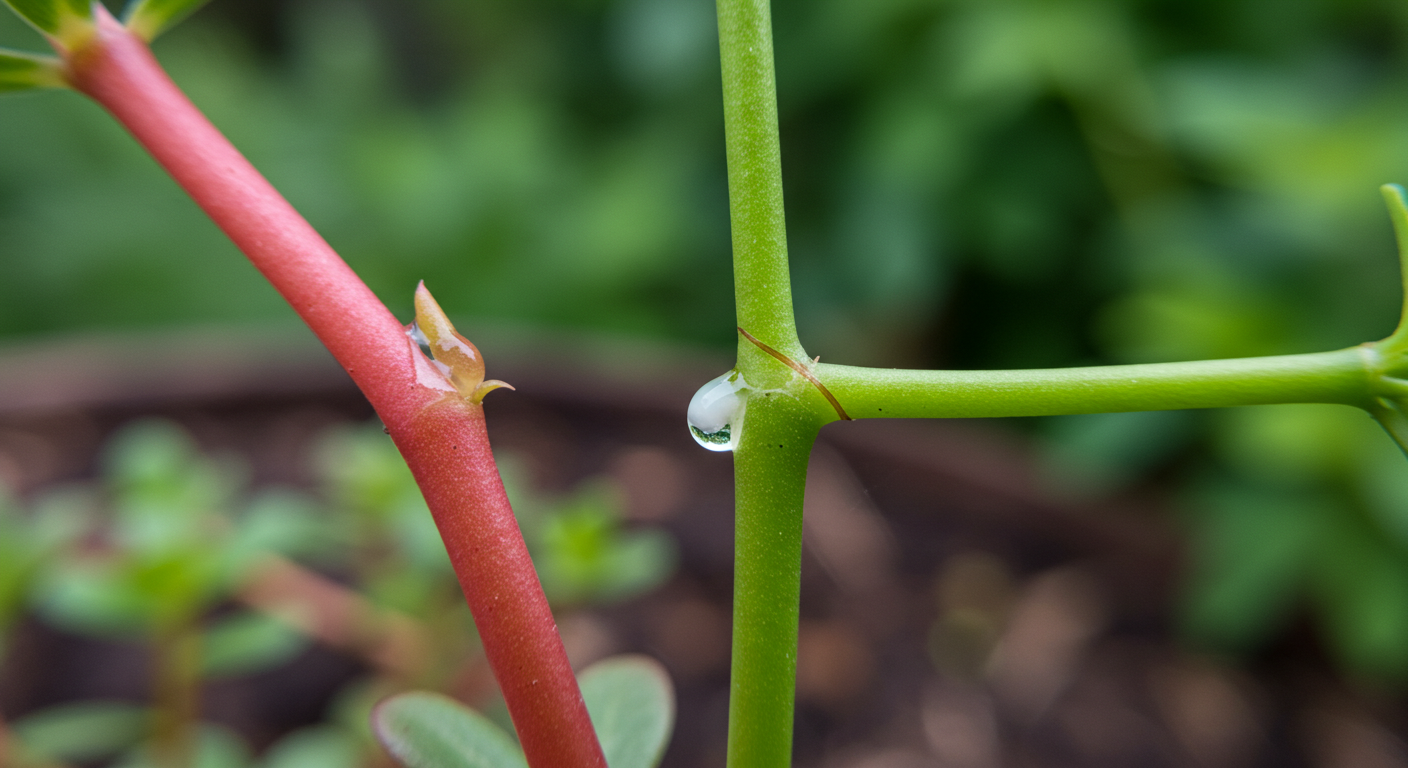 Close-up comparison of a snapped purslane stem showing clear sap and a snapped prostrate spurge stem showing milky white sap, illustrating the key identification method.