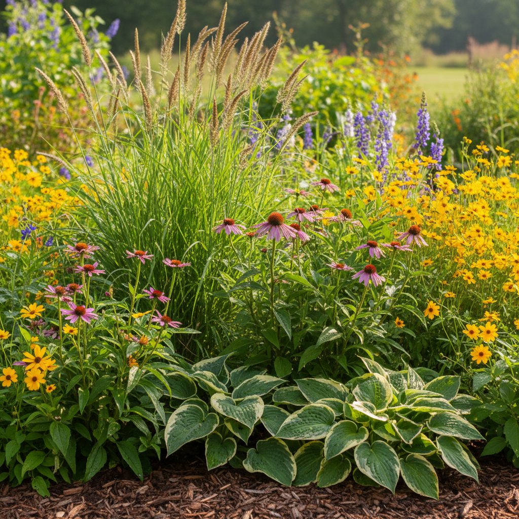 A close-up view of vibrant native plants like coneflowers and switchgrass thriving in a rain garden, showcasing their deep root systems and the garden's biodiversity.
