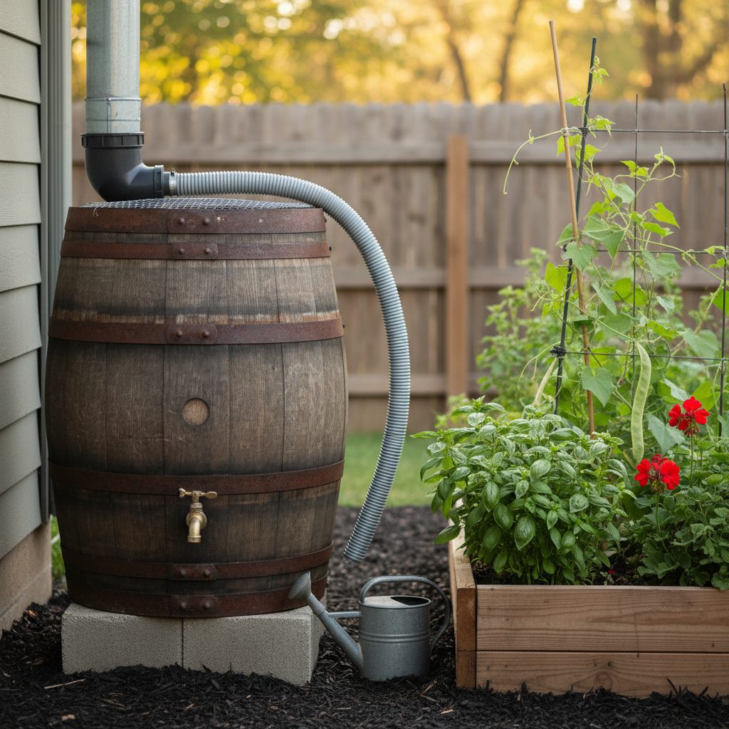 A green rain barrel collecting water from a downspout via a diverter, positioned beside a thriving raised garden bed.