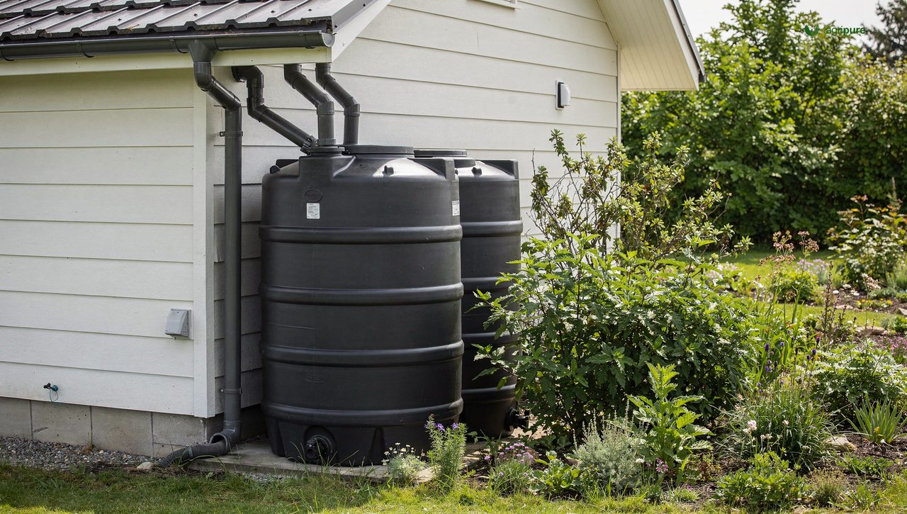 A large dark rainwater storage tank beside a house with downspouts feeding into it and a green garden nearby