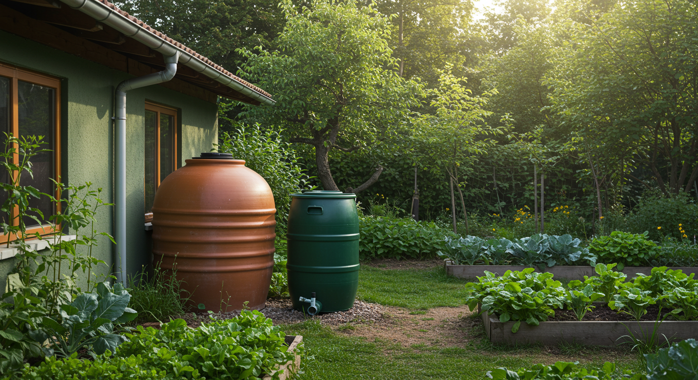 A photorealistic image showing a terracotta-colored rainwater collection cistern connected to a house's gutter system, surrounded by lush green garden plants and organic vegetable beds under natural sunlight, representing sustainable living.
