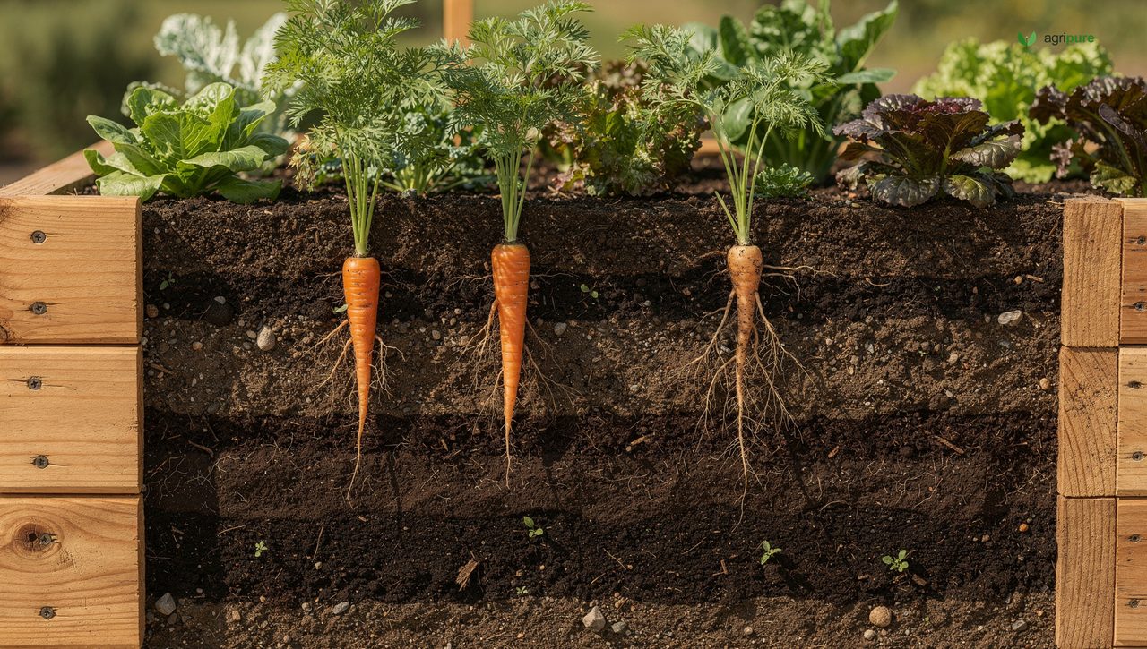 A cross-section of a deep timber raised bed showing layers of soil with vegetable roots growing down through it