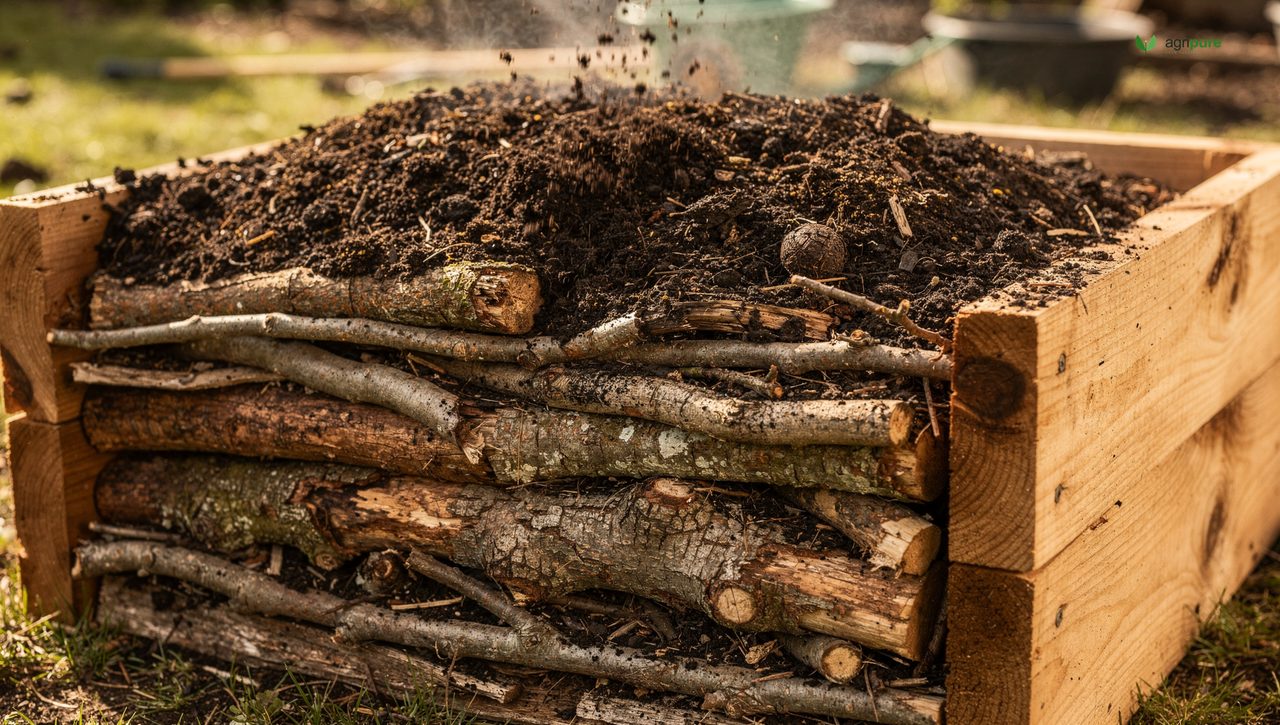 A raised bed being filled with dark soil and compost, branches and logs visible at the bottom layer