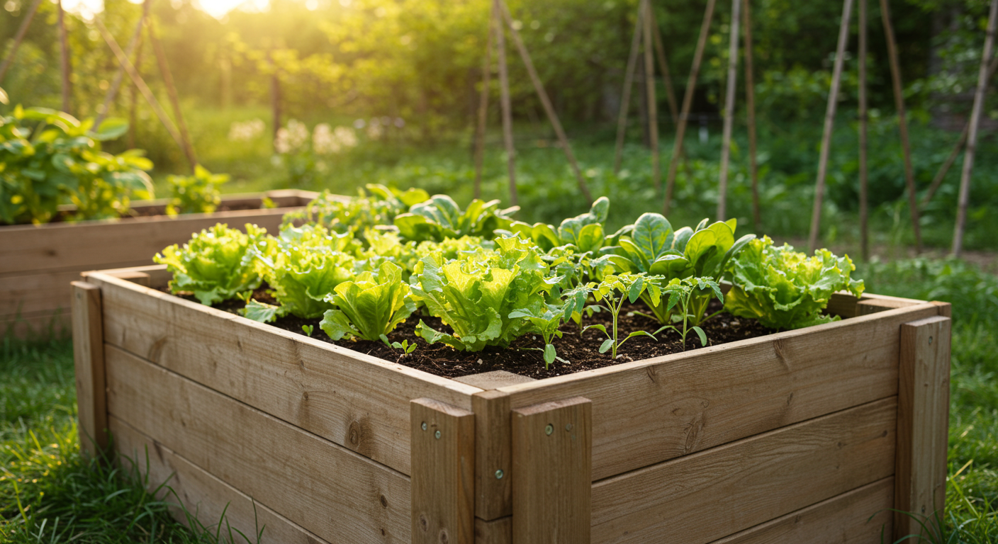 A meticulously maintained wooden raised garden bed, showcasing various thriving young vegetable plants like lettuce and tomatoes. The bed stands prominently in a sunny organic garden, emphasizing lush green growth and healthy soil within its structure.