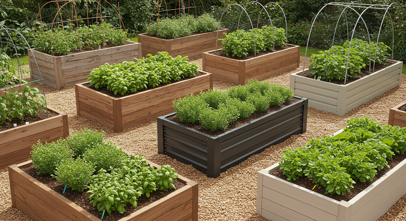 A photorealistic image showcasing three distinct raised garden beds. From left to right, one bed is constructed from natural cedar wood, another from modern coated steel, and a third from a light-colored composite material. The foreground bed has hardware cloth visible at its base for pest protection, and a distant bed features a hoop and netting system. Various healthy green plants and herbs are growing within all the beds, under soft daylight.
