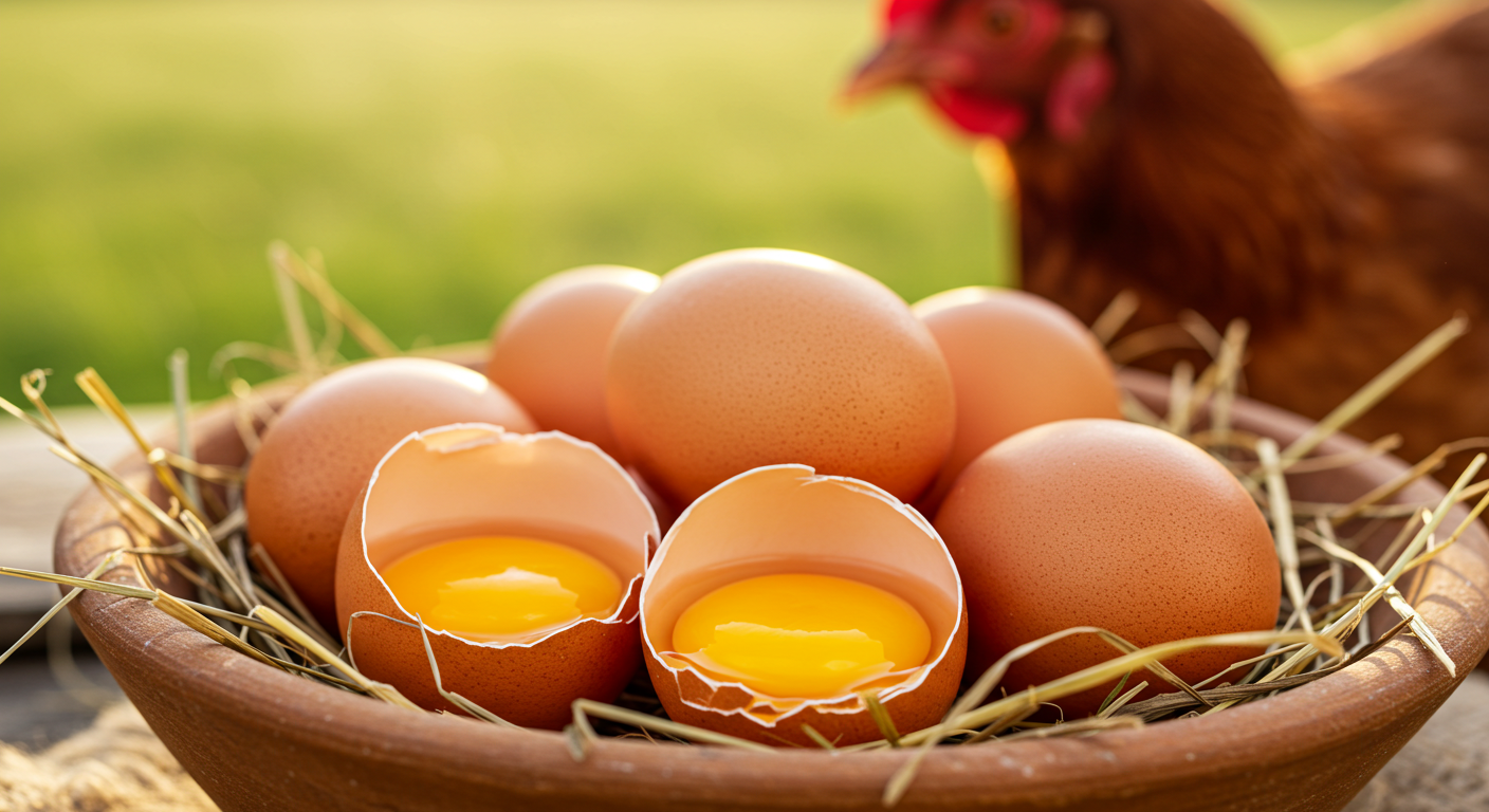 A close-up photograph of several freshly laid eggs in a rustic wooden bowl, with one cracked open to reveal a vibrant, deep orange yolk. The eggs are nestled in clean hay, and in the softly blurred background, a healthy brown laying hen can be seen foraging in a lush green pasture under natural sunlight.