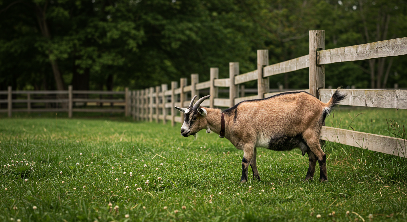 A small, healthy Nigerian Dwarf dairy goat with brown and white markings stands in a sunny, green pasture next to a rustic wooden fence on a small homestead. The goat is looking gently towards the camera.