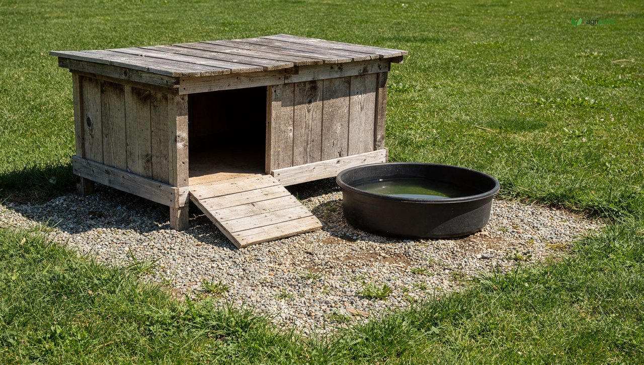 A simple wooden duck shelter with a low entry ramp and a rubber stock tank positioned outside on gravel for drainage