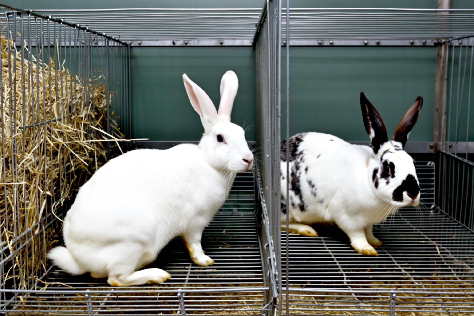 Two meat rabbit breeds side by side in clean wire hutches: a pure white New Zealand White doe and a white Californian with dark points on ears and nose, hay racks visible, no people