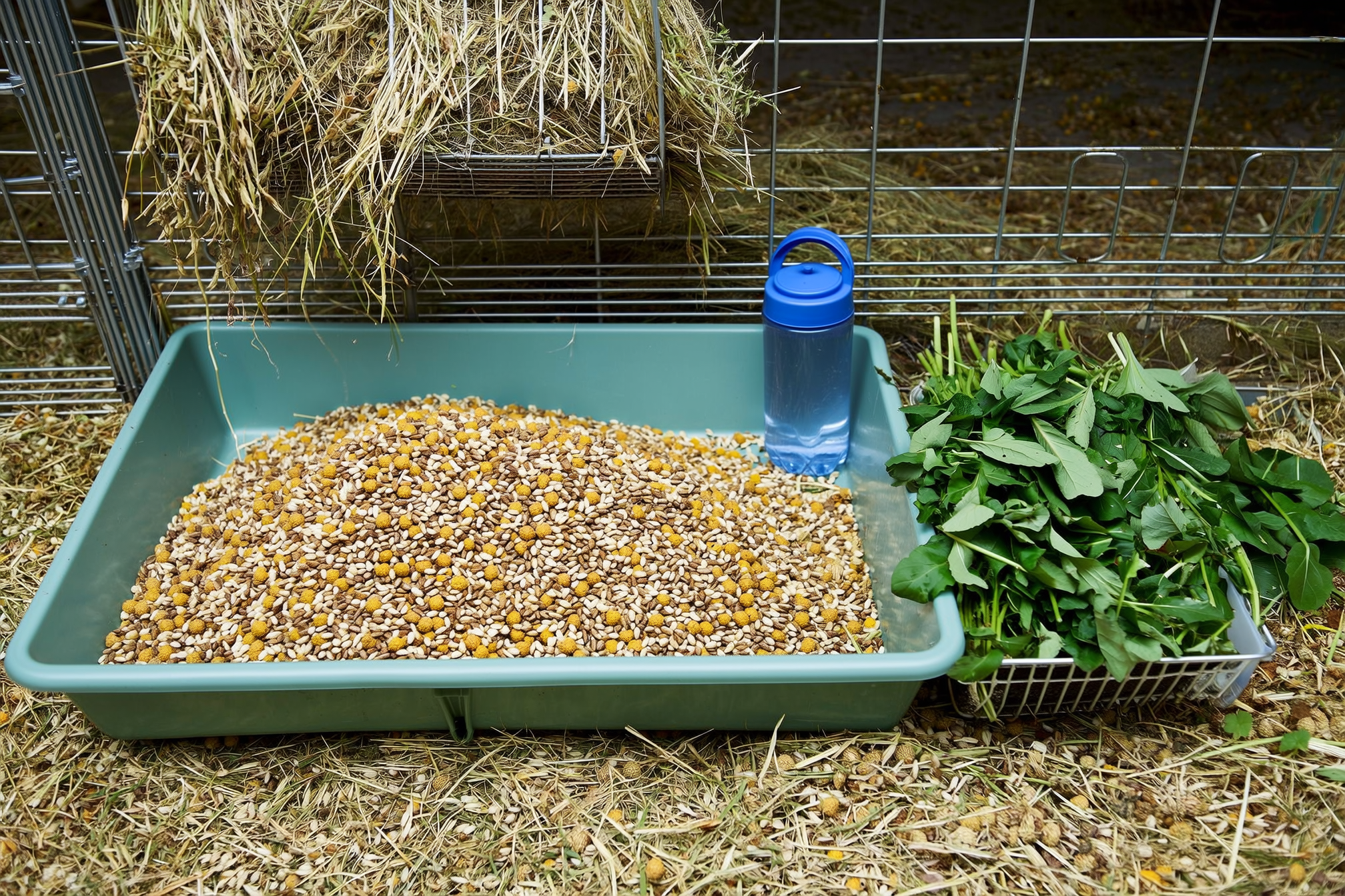 A meat rabbit feeding station: a hopper of high-fiber pellets, a full hay rack of grass hay, fresh dandelion and leafy greens, and a water bottle on a clean wire hutch, no people