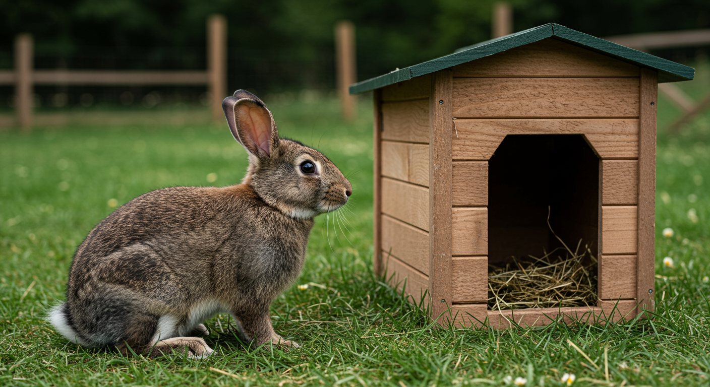 A clean wooden rabbit hutch with wire mesh doors housing healthy New Zealand White rabbits.