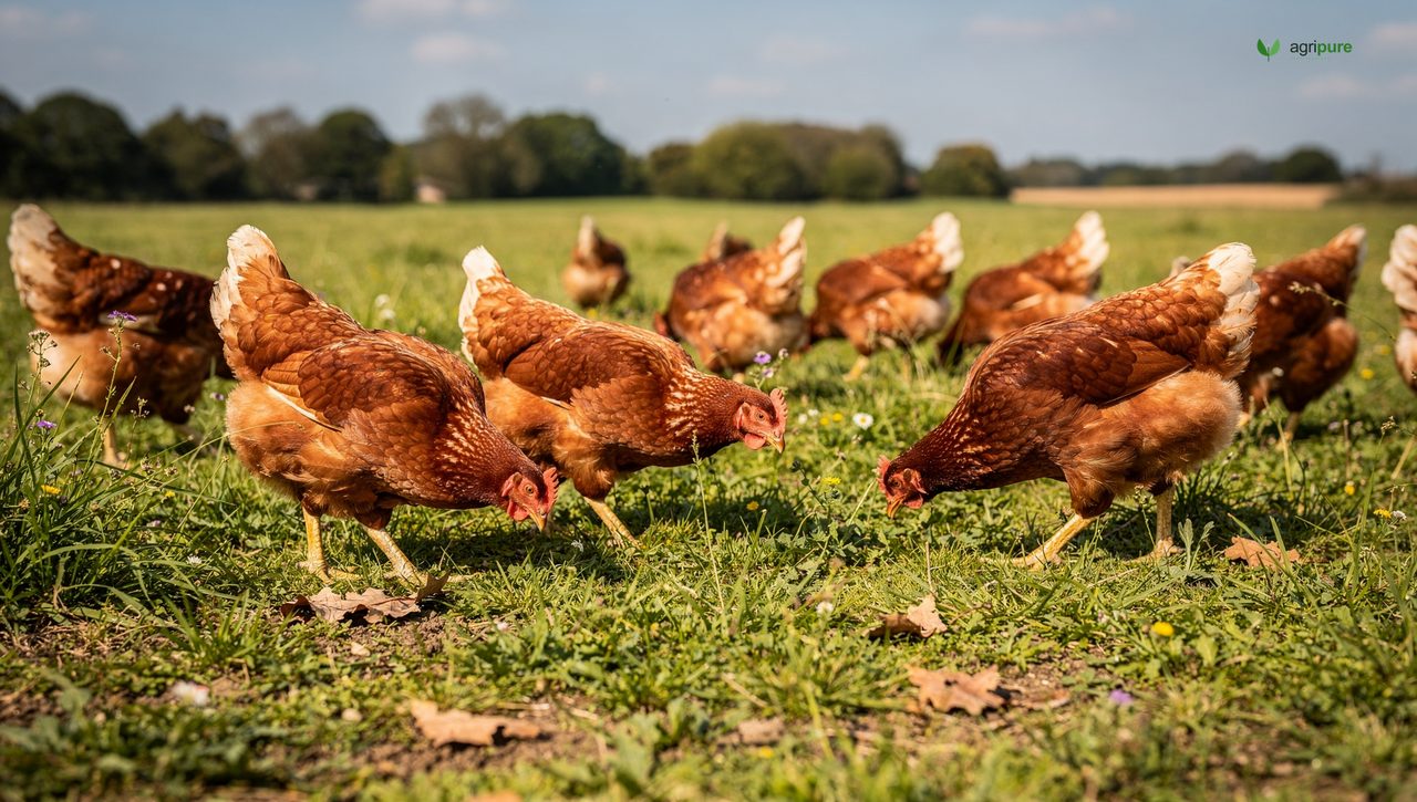 A flock of hens foraging and scratching across lush green pasture in bright daylight
