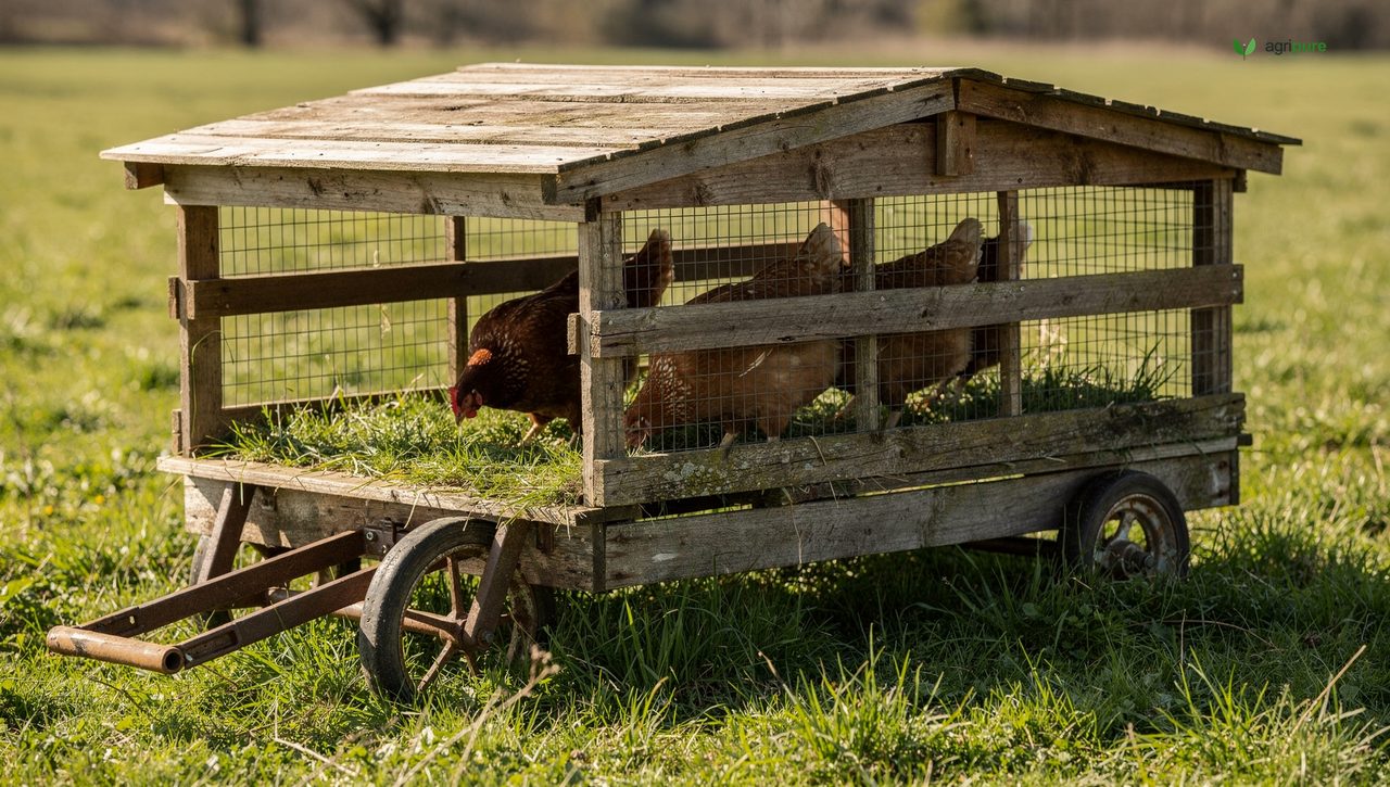 A low portable wooden chicken tractor on green grass with chickens inside, ready to be moved to fresh pasture