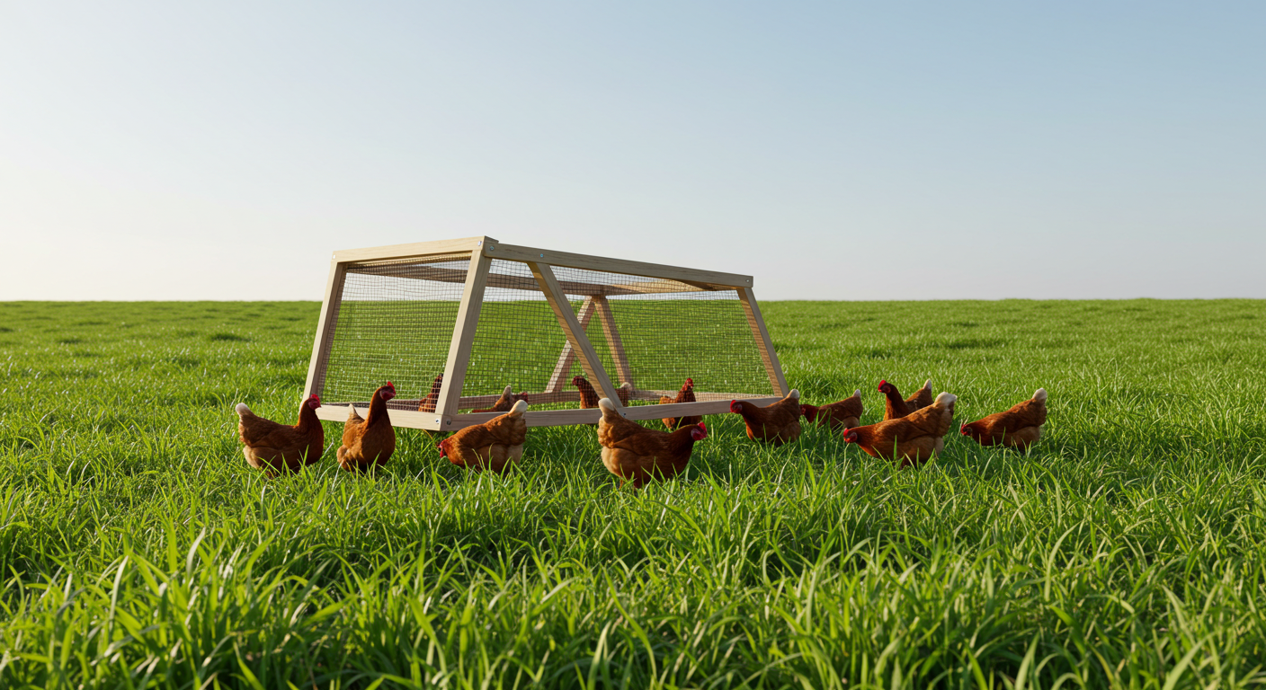 A photorealistic image showing a flock of chickens actively foraging on a verdant pasture, surrounded by a modern chicken tractor made of wood and wire mesh. The grass is lush and healthy, ideal for grazing.