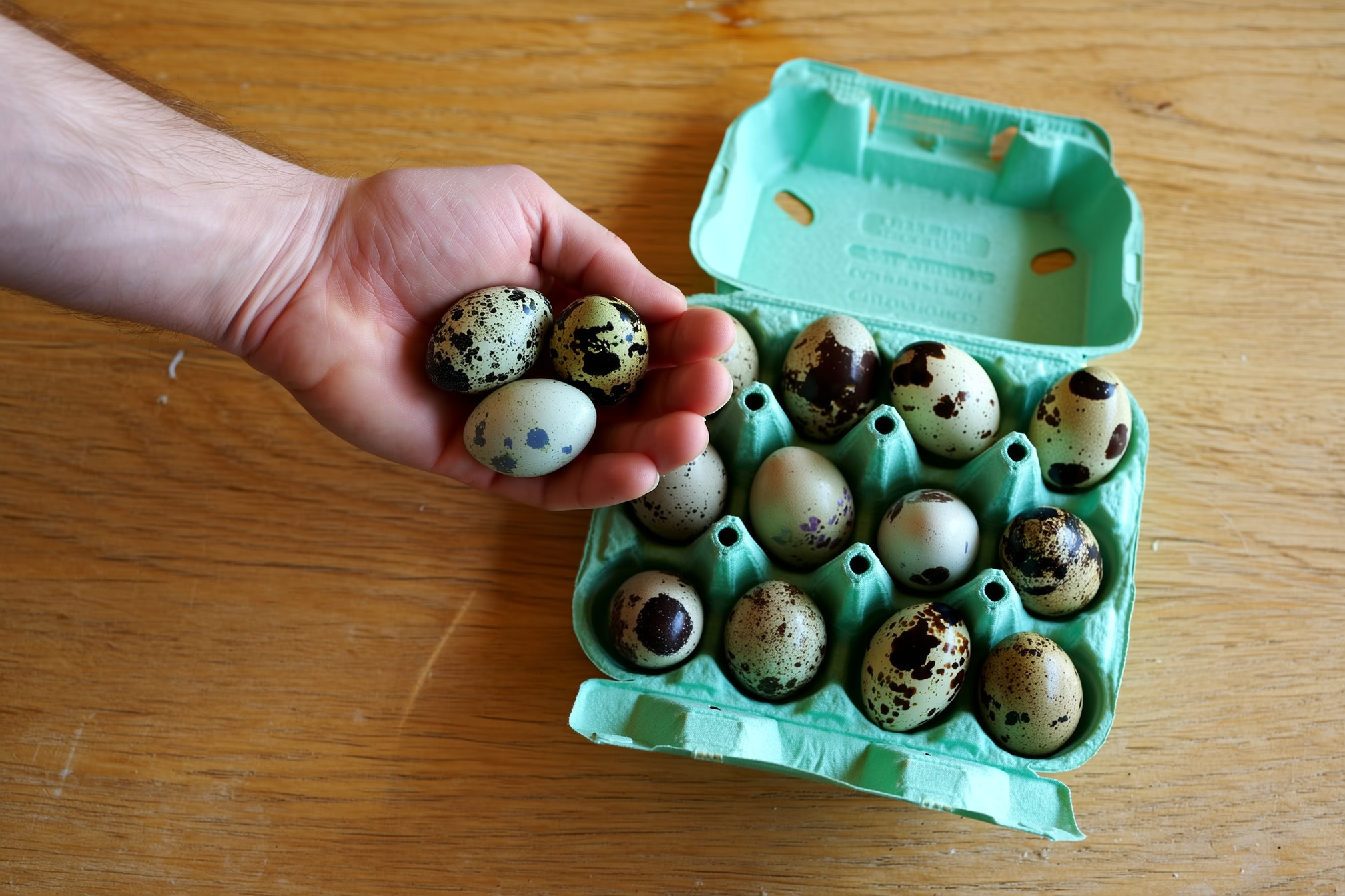 A cupped hand holding several small cream-and-brown speckled Coturnix quail eggs beside an open carton of more quail eggs on a wooden table, in natural light, no people in frame except the hand