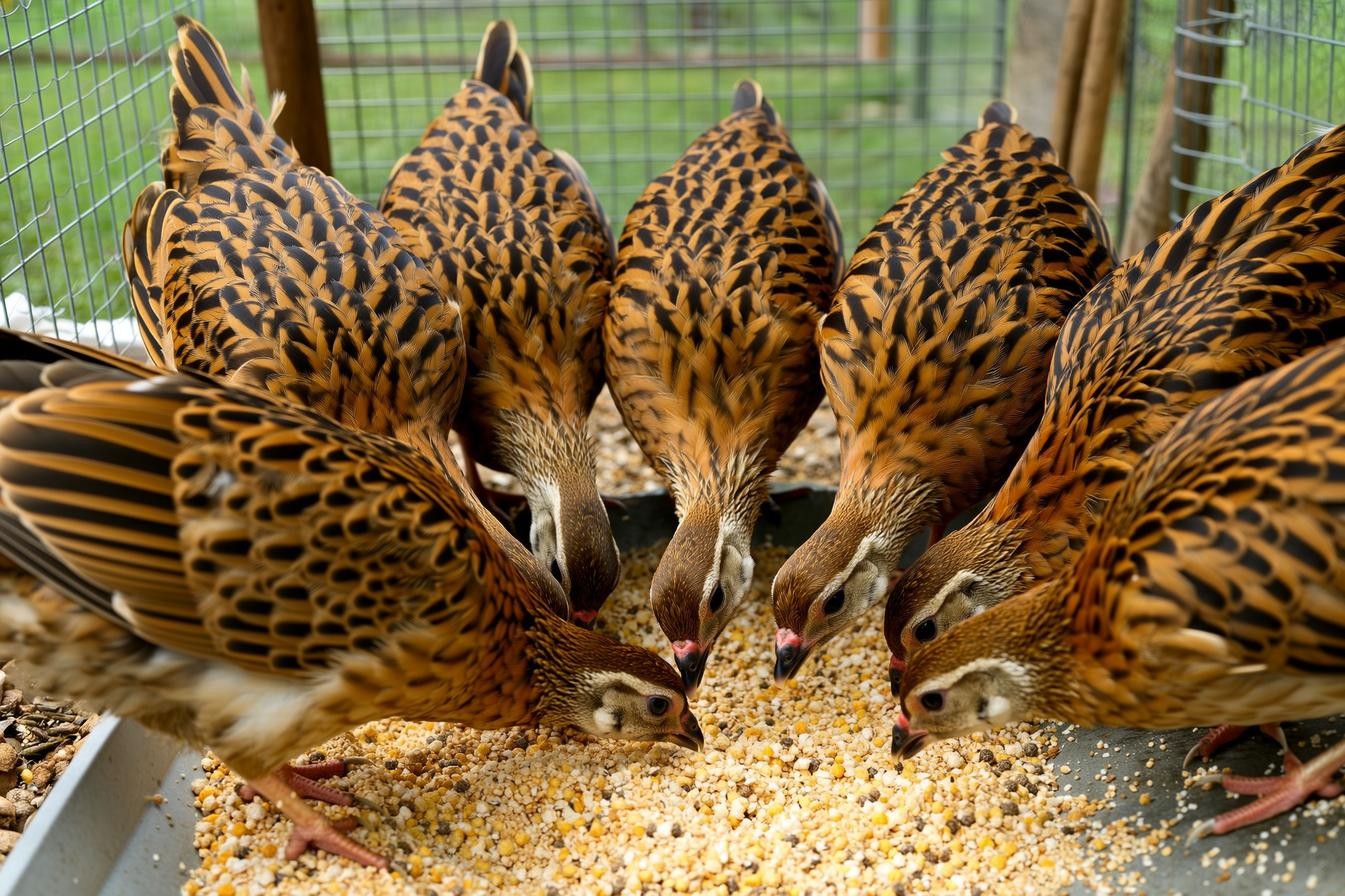 A covey of tan-and-brown Coturnix quail clustered around a low feeder trough of crumbled game-bird starter inside a wire cage, heads down feeding, in soft natural light, no people