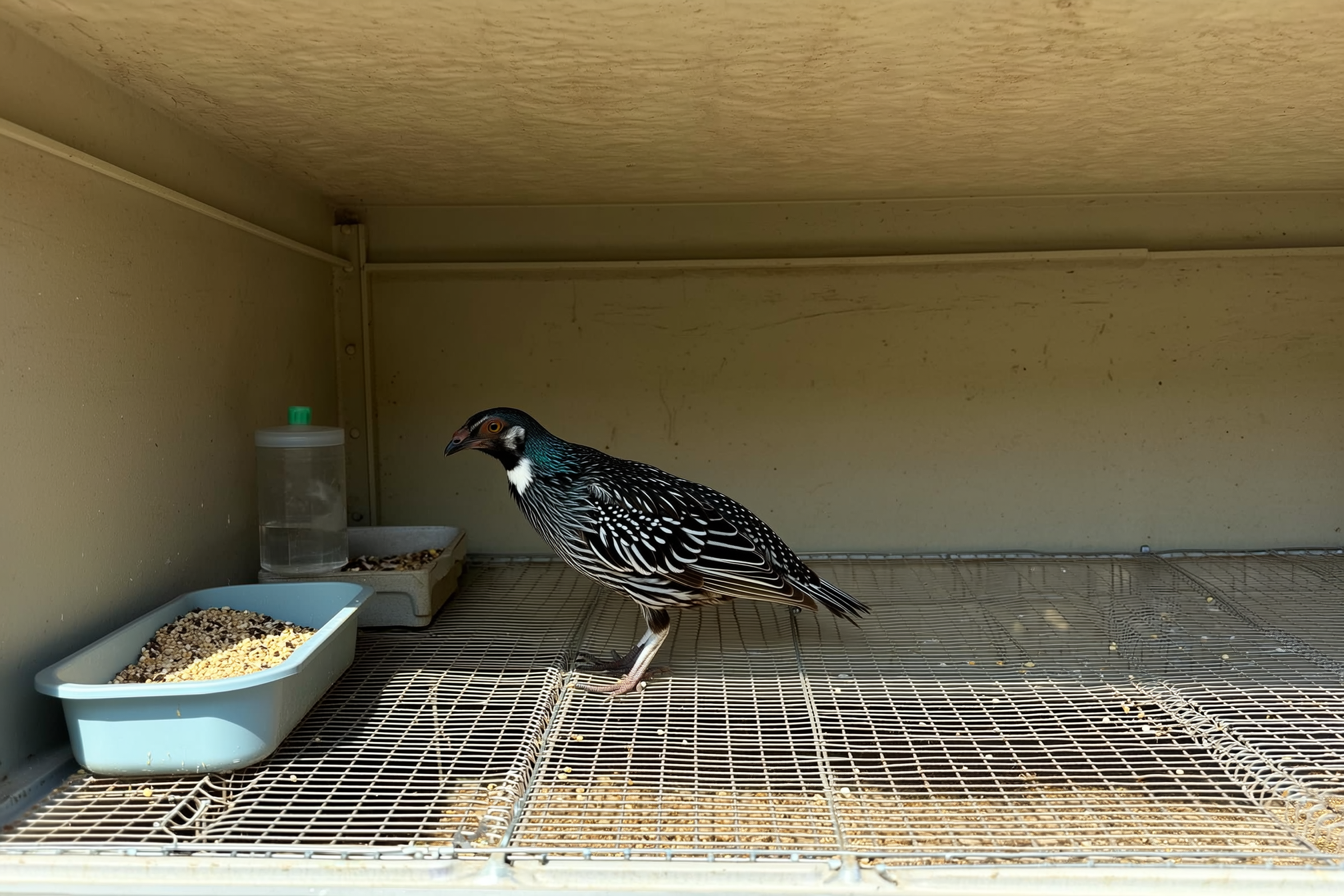Coturnix quail standing on the quarter-inch wire-mesh floor of a clean colony cage with a low ceiling, a feeder trough along one side and a nipple waterer, in soft daylight, no people