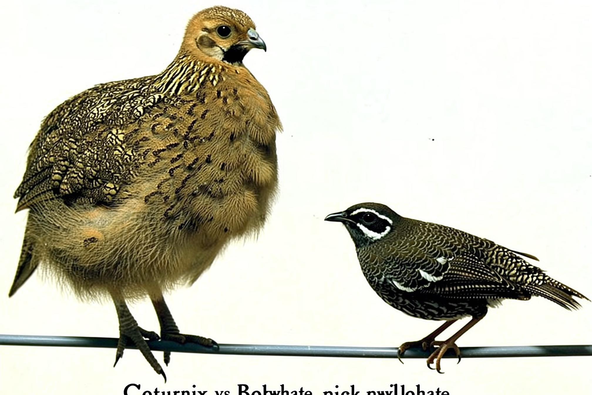 Two quail species compared side by side: a plump tan-and-brown Coturnix quail and a smaller, more sharply marked Northern Bobwhite, on a clean wire surface, no people