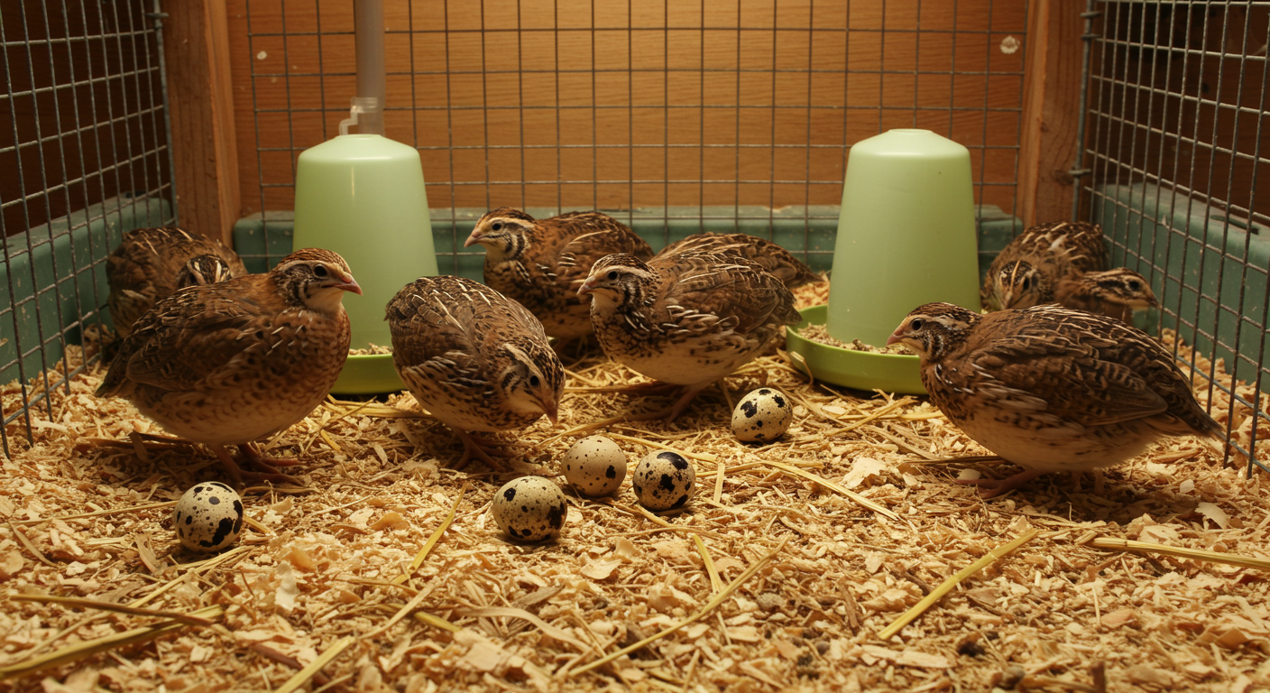 A close-up, photorealistic image of several speckled Coturnix quail with brown and cream feathers, actively pecking at straw and wood shavings inside a clean, well-lit wire enclosure. A few small, oval quail eggs with brown speckles are nestled in the bedding. The background is softly blurred, hinting at a compact, urban farming environment.