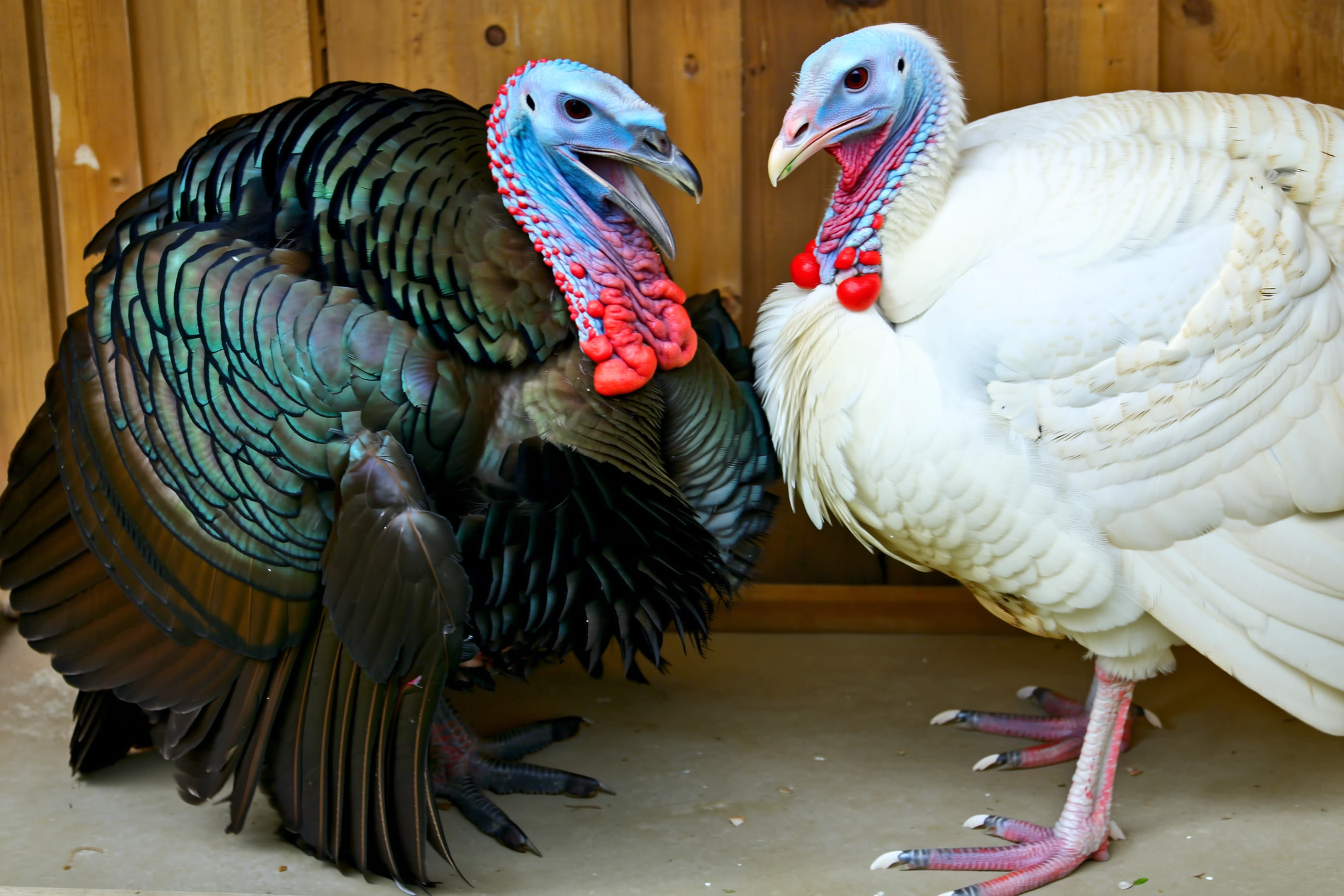 Side-by-side of a Narragansett heritage turkey tom alongside a Broad-Breasted White turkey showing differences in body shape and size