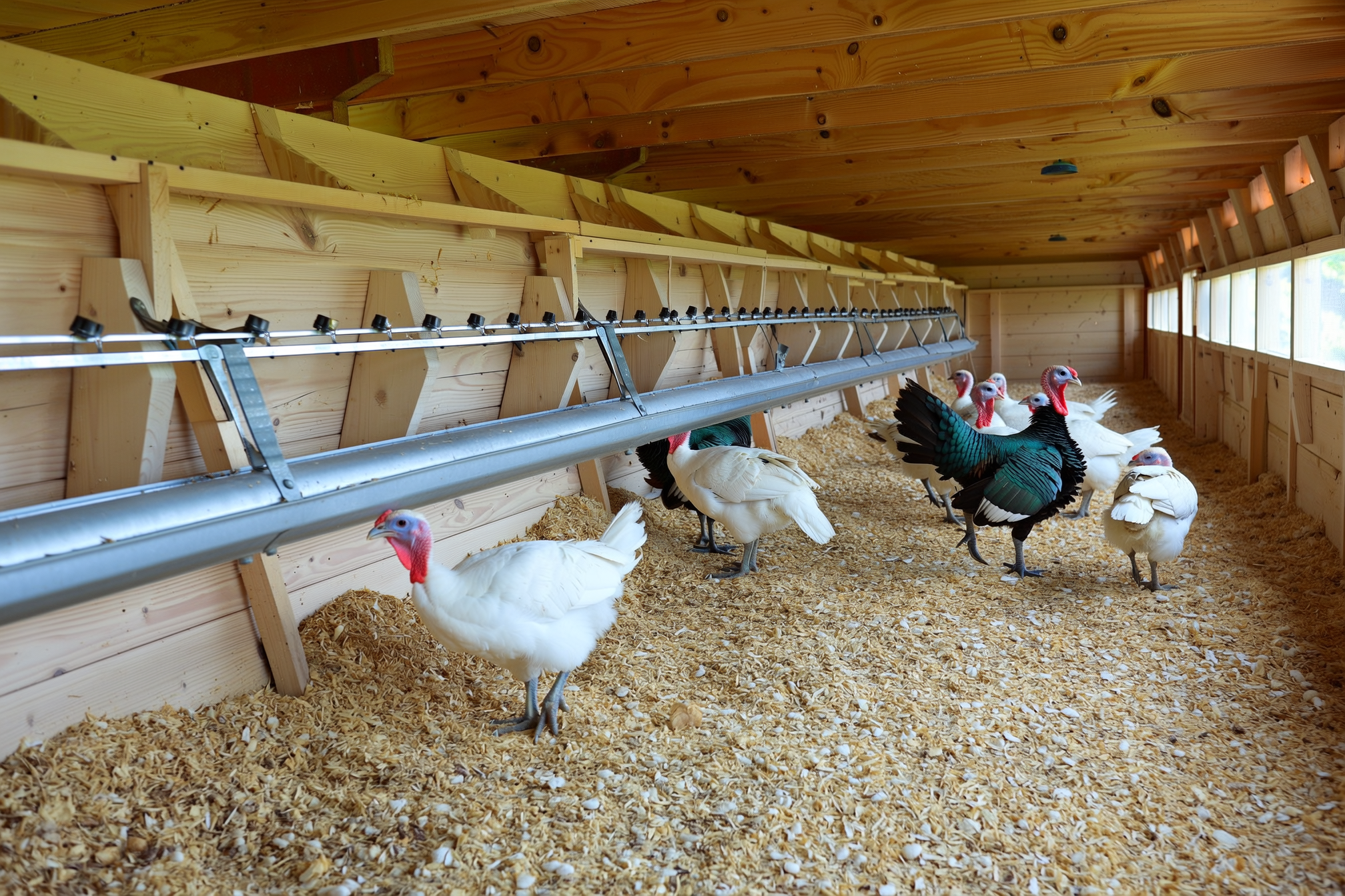 Young turkeys in a clean, well-ventilated wooden grow-out shelter with roost bars, deep wood-shaving bedding, and natural light from side windows