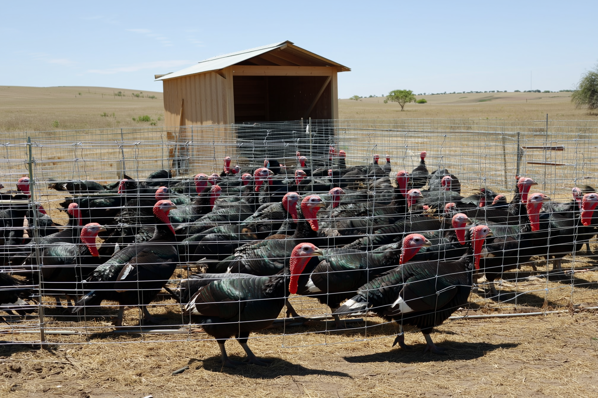 A turkey flock enclosed by welded-wire fencing with a simple roofed shelter visible in the background on a homestead property
