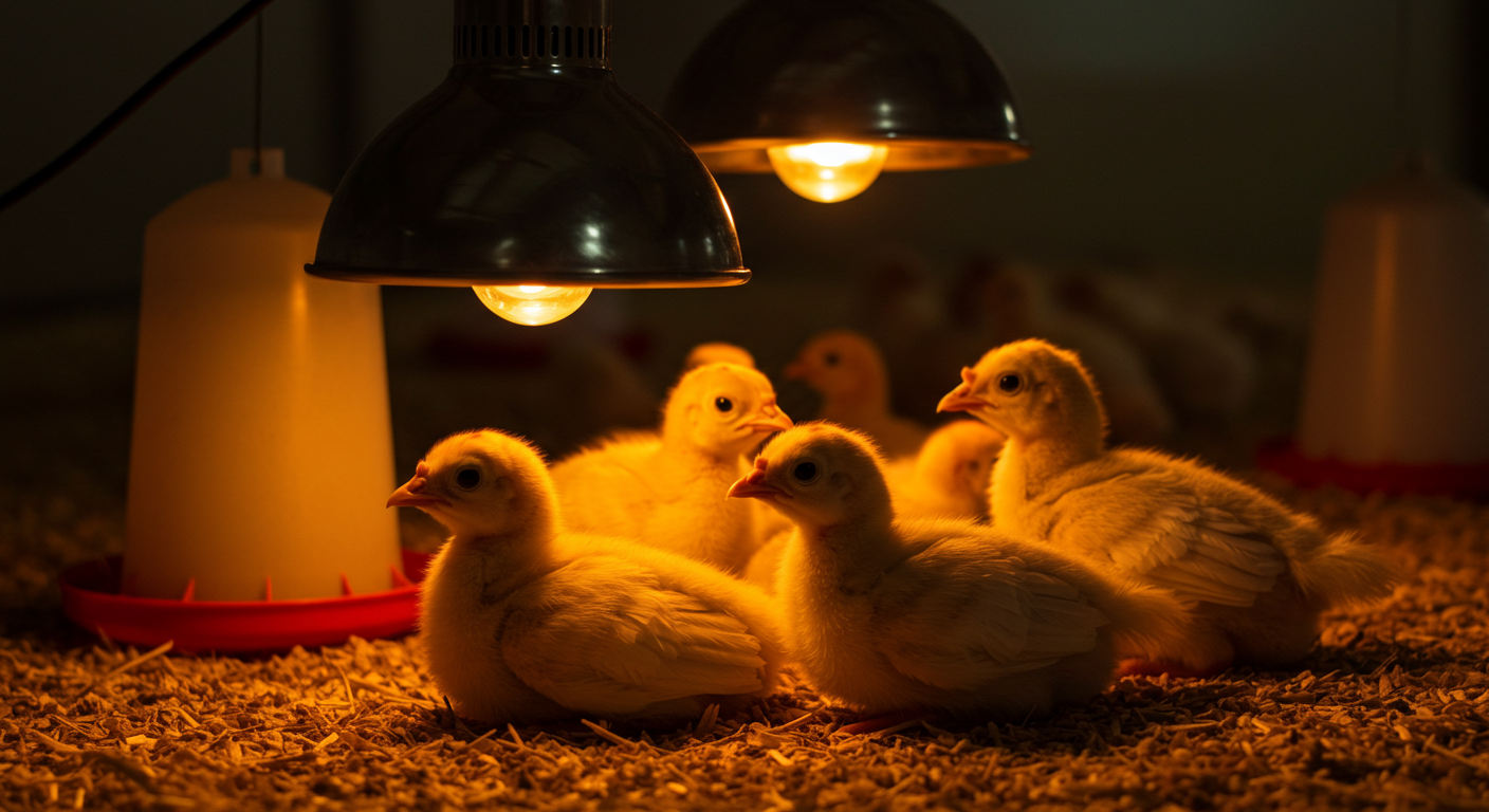 A close-up view of several fluffy, light brown turkey poults nestled together under a glowing heat lamp in a clean brooder, emphasizing their warmth and early stage of development.