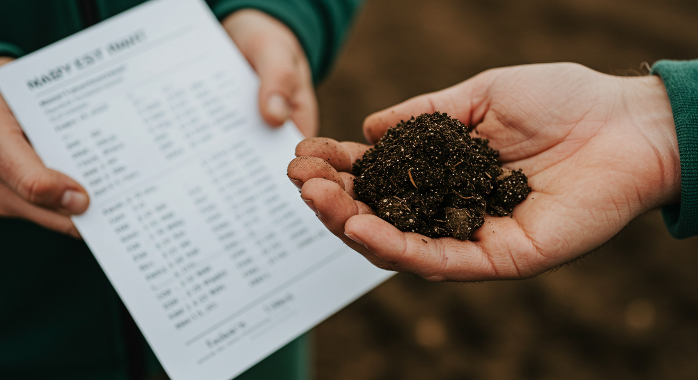 A farmer's hand holds a small clump of dark, healthy soil, with a blurred soil test report displaying numerical values in the background, symbolizing the analysis of soil organic carbon levels.