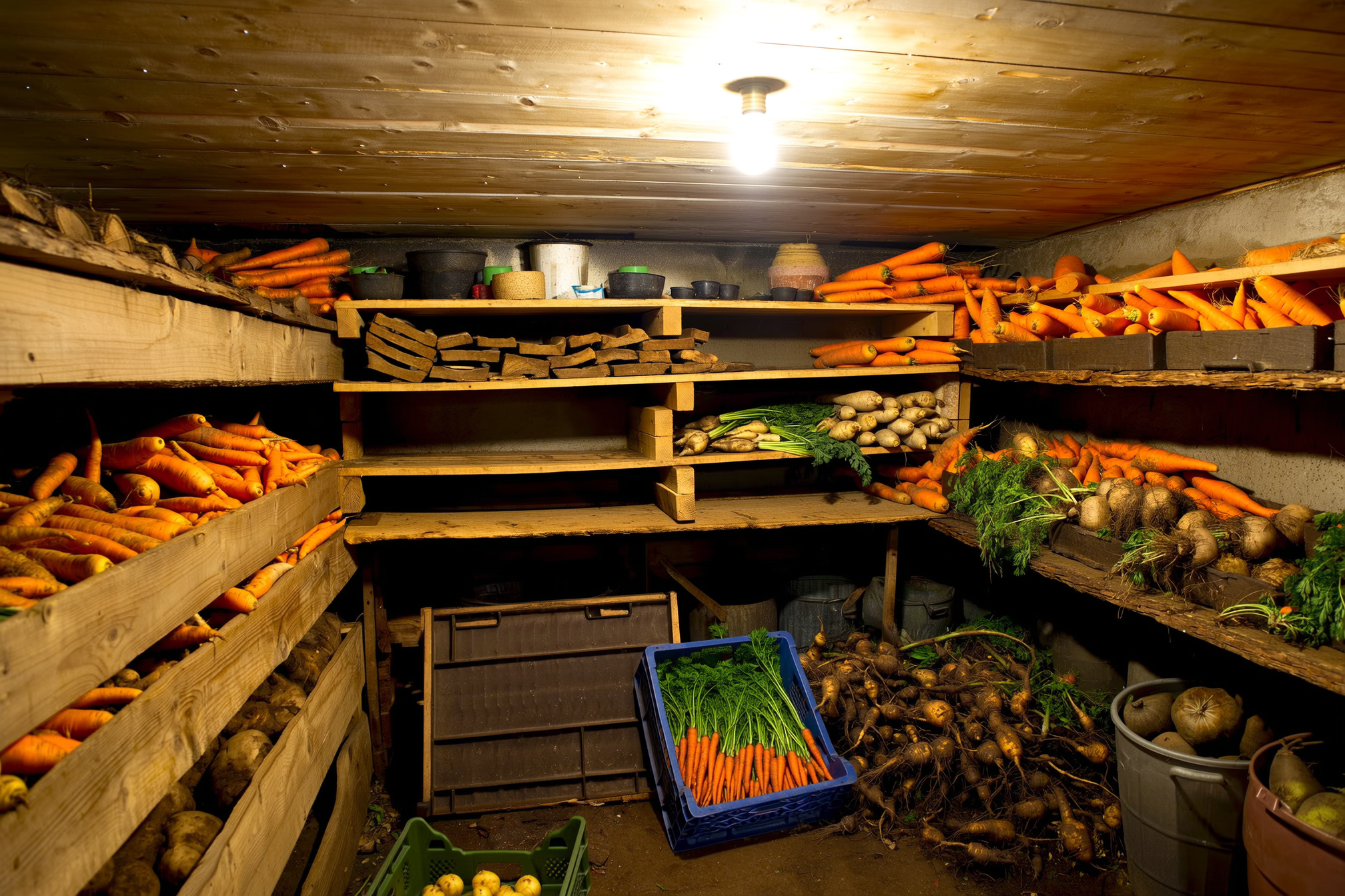 The inside of a root cellar with rough timber shelves, wooden crates and bins of carrots, beets and potatoes, a small vent pipe near the ceiling, lit dimly by a single bulb