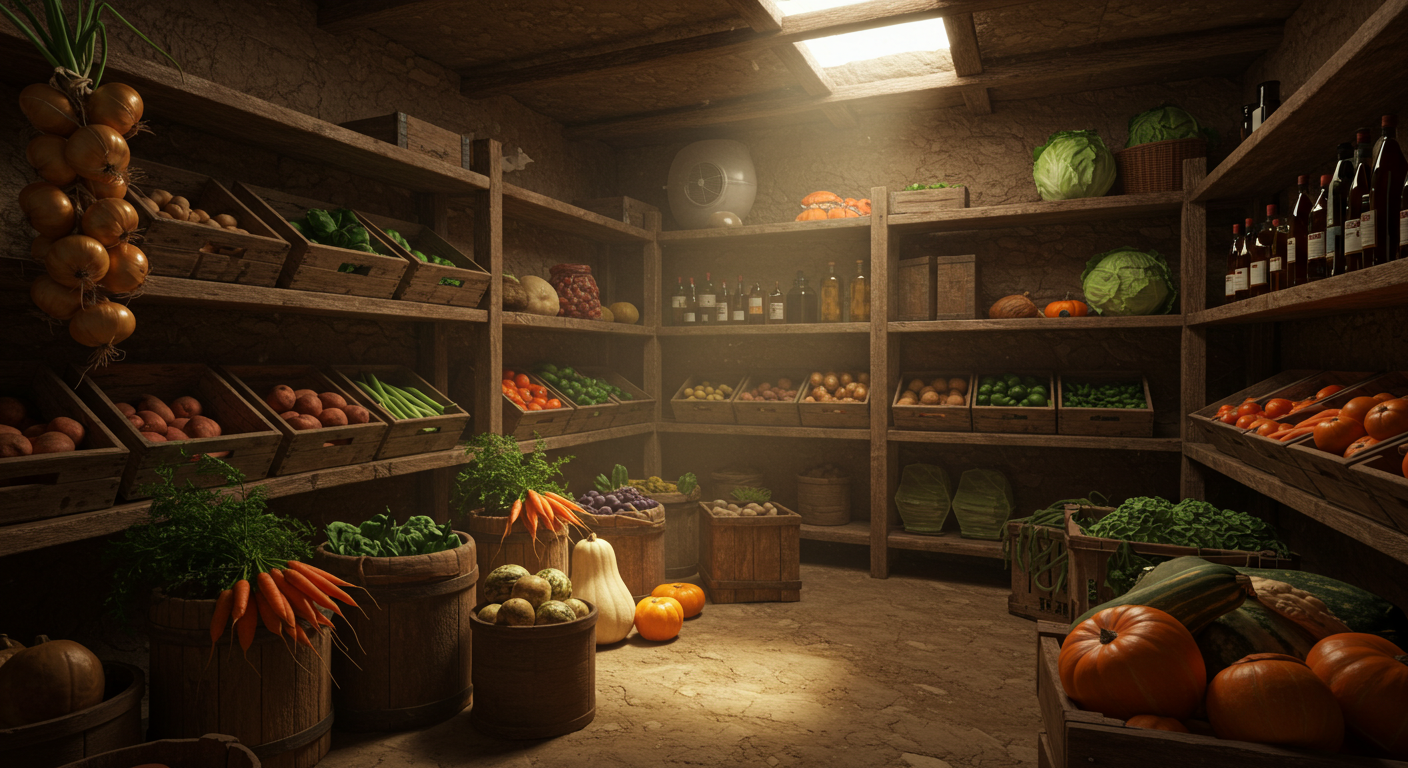 A photorealistic view inside a rustic root cellar, showcasing wooden shelves and bins overflowing with a bountiful harvest. Prominently displayed are organic carrots and beets nestled in damp sand, piles of firm potatoes, braided strings of golden onions hanging from wooden beams, and a variety of colorful winter squash arranged on shelves. The cellar has earthy walls and natural light, emphasizing a cool, dark, and naturally humid environment for food preservation.