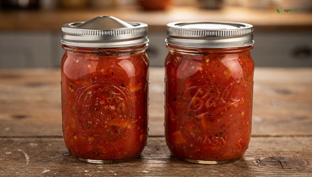 A canning jar of salsa with a concave sealed lid beside a jar with a slightly domed unsealed lid, on a wooden surface — showing the difference between a good seal and a failed one