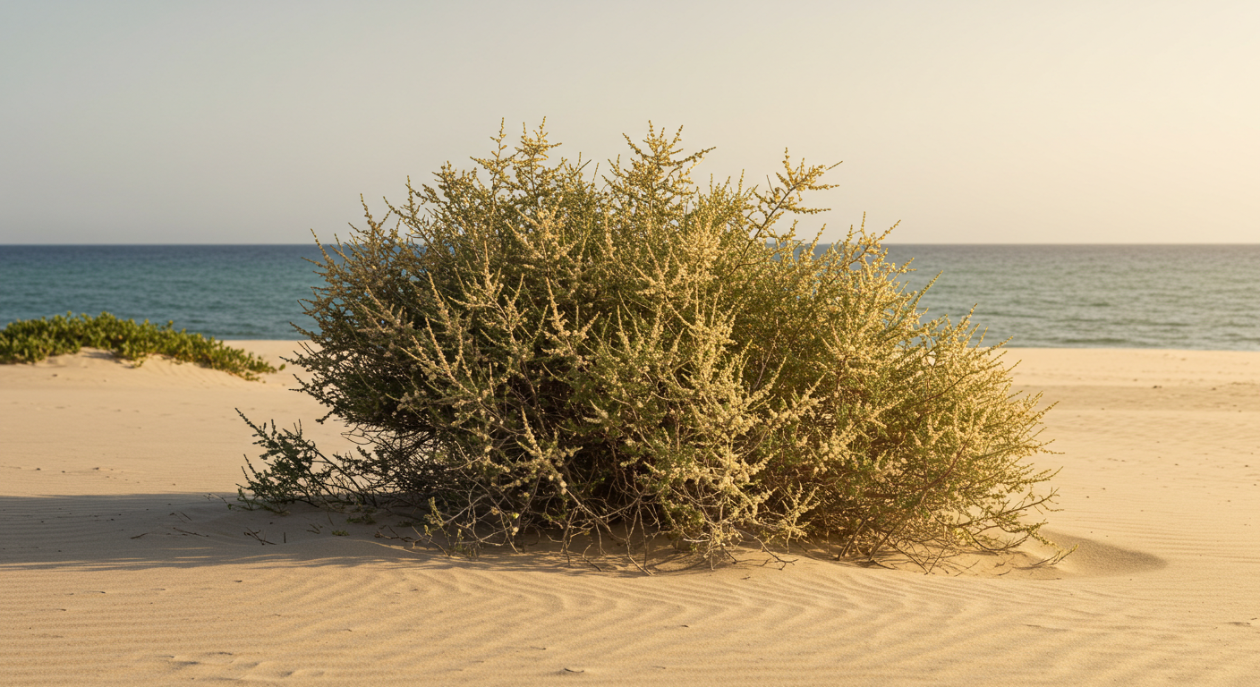 A salt-tolerant Tamarisk shrub growing robustly on a sandy, wind-swept ocean coastline.