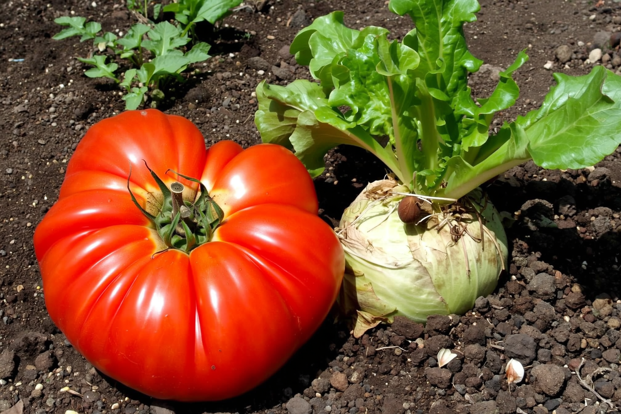 Ripe red heirloom tomatoes, dry bean pods, and a bolting lettuce plant gone to seed together in a summer vegetable garden bed