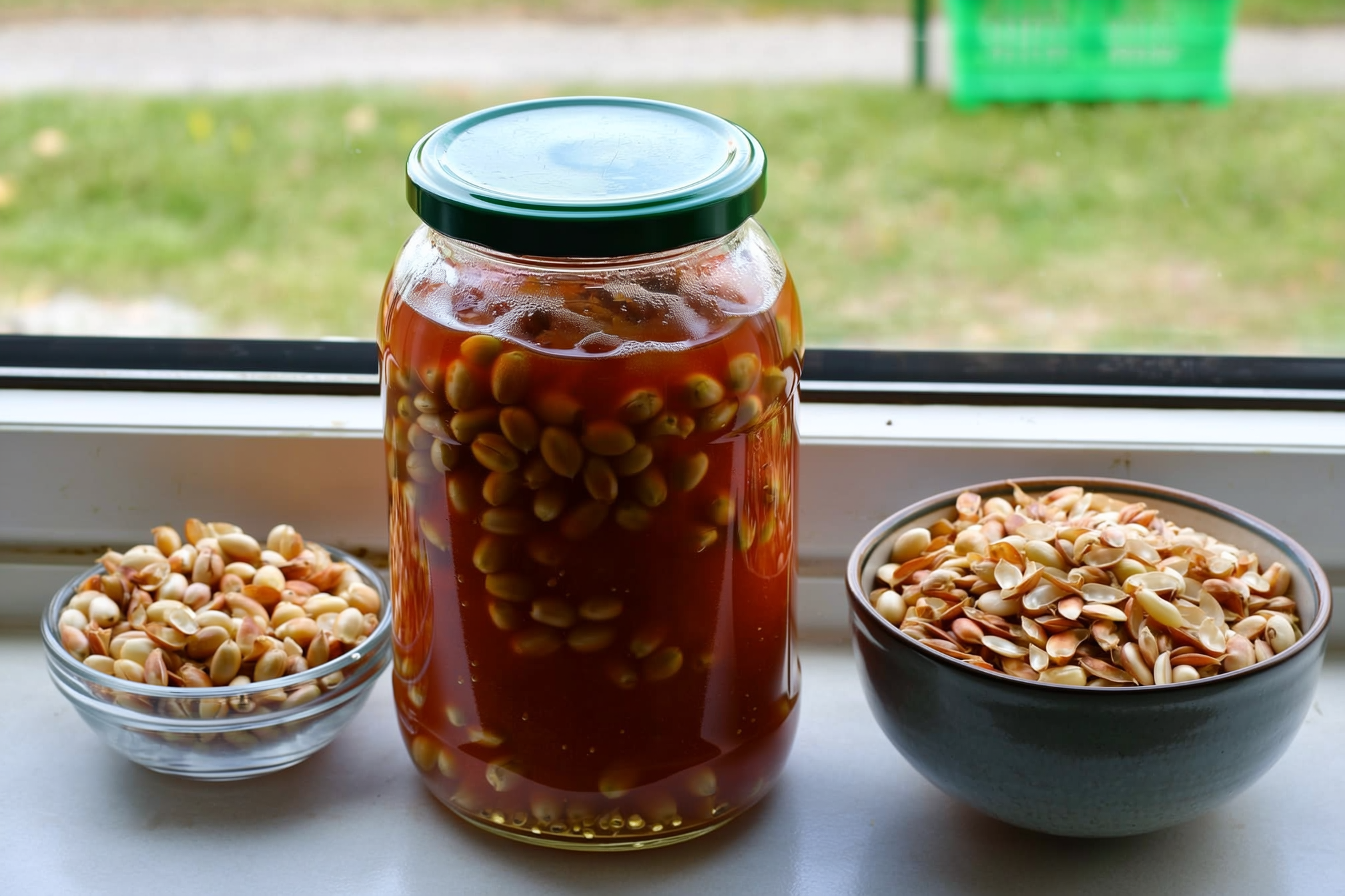 A glass jar of tomato seeds and gel fermenting on a windowsill beside a bowl of dry bean pods being shelled by hand