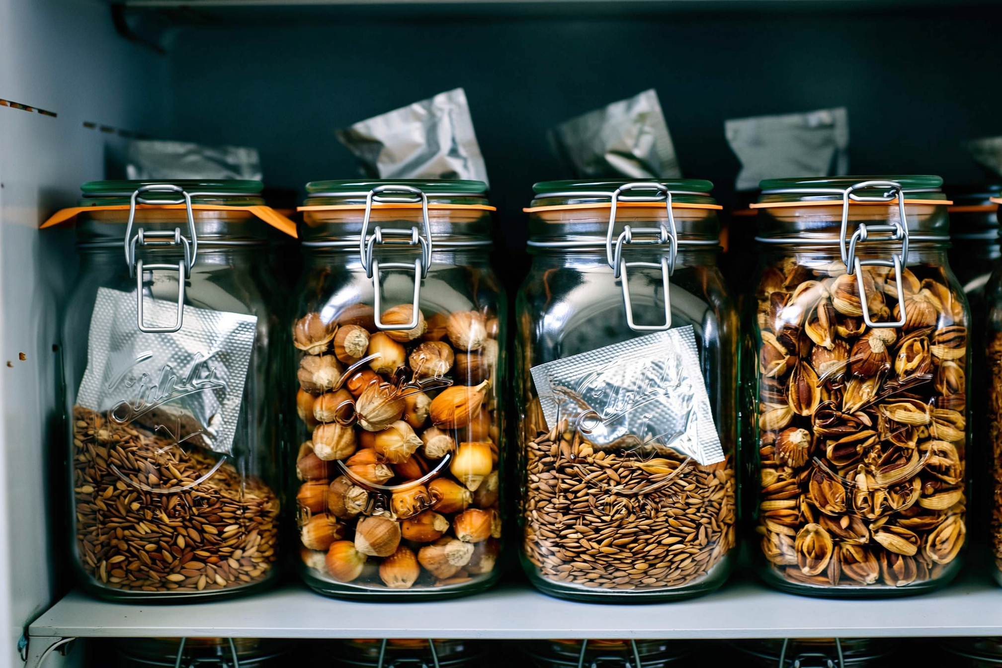 Labeled glass mason jars of dried garden seeds with a small silica-gel desiccant packet, stored on a cool dark shelf