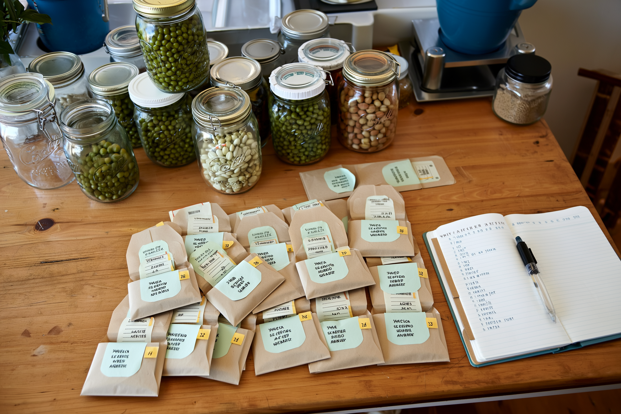 A kitchen table covered with labeled paper seed envelopes, open jars of saved beans and peas, and a notebook recording variety names and the year