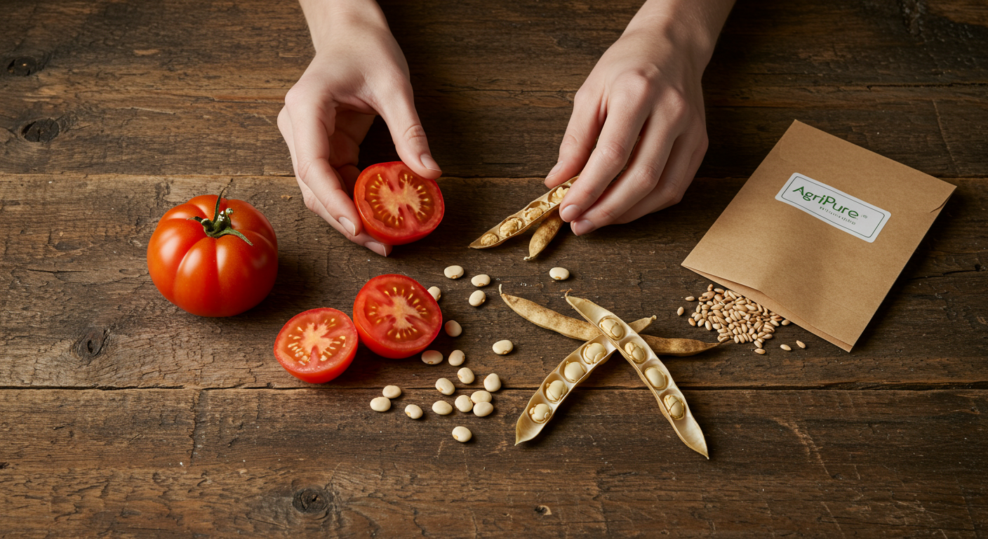Hands carefully extracting seeds from a ripe, red heirloom tomato and dried bean pods, illustrating the process of seed saving on a wooden surface.