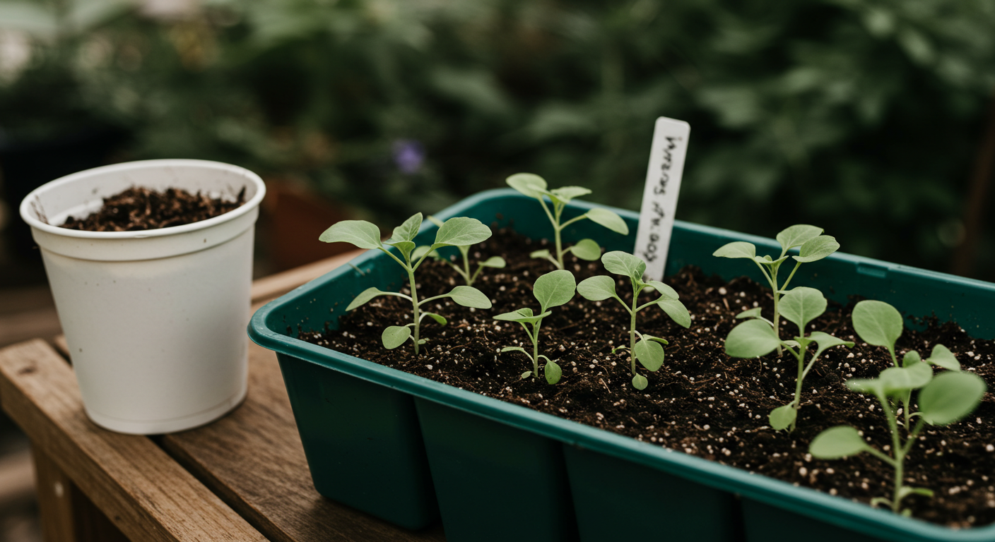 Biodegradable peat pots filled with potting mix and young green seedlings growing under a bright grow light.
